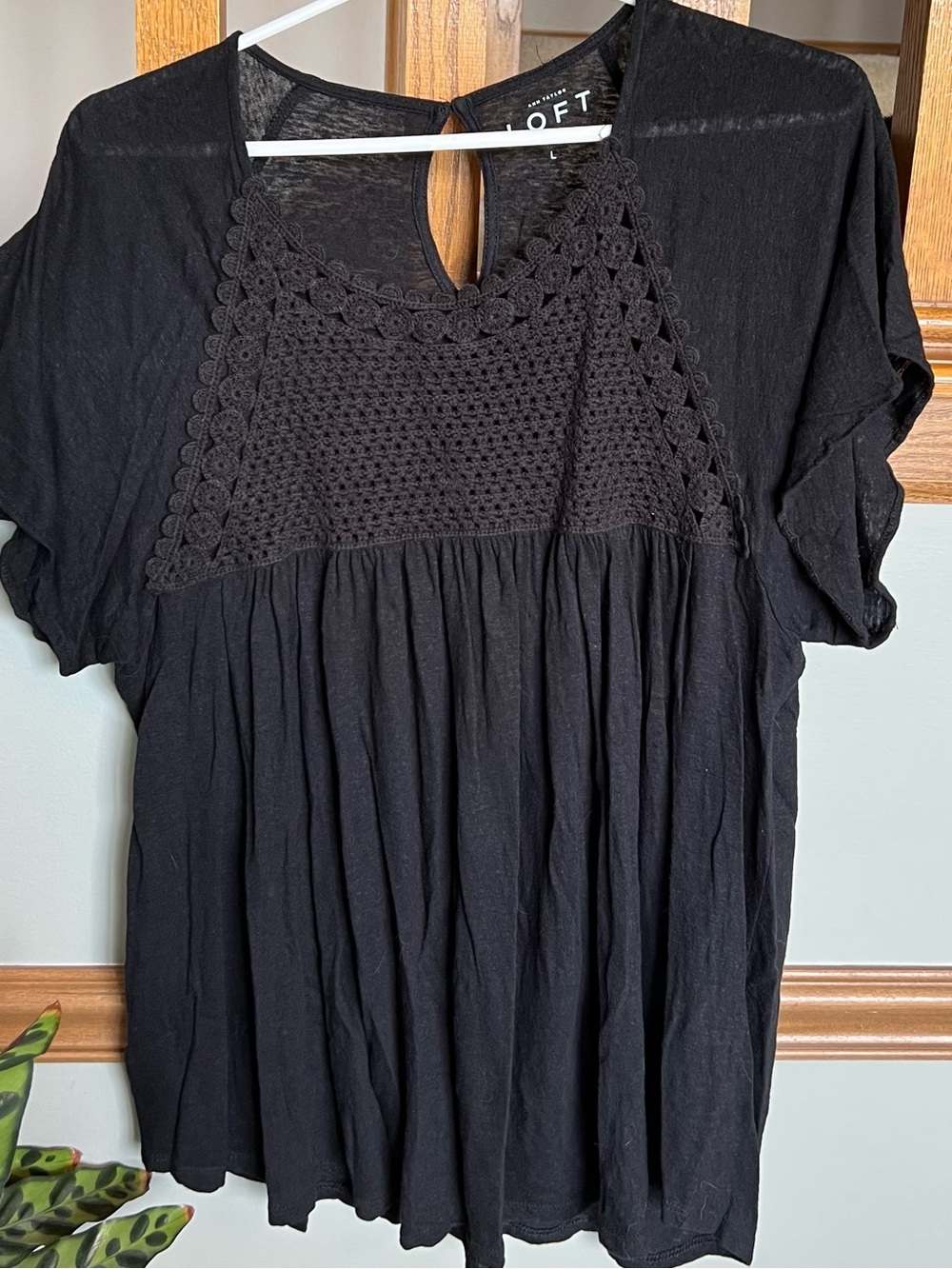 LOFT Black Crochet Yoke Short-Sleeve Top - Picture 3 of 7
